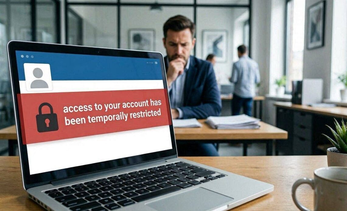 Professionnel préoccupé devant son ordinateur portable affichant un message de restriction de compte sur un réseau professionnel, dans un bureau