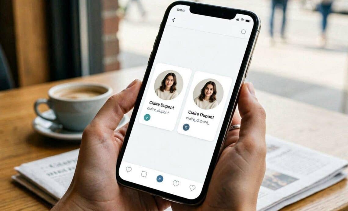 Écran de smartphone affichant deux profils Instagram identiques côte à côte, dont un faux compte usurpant l'identité de l'autre.