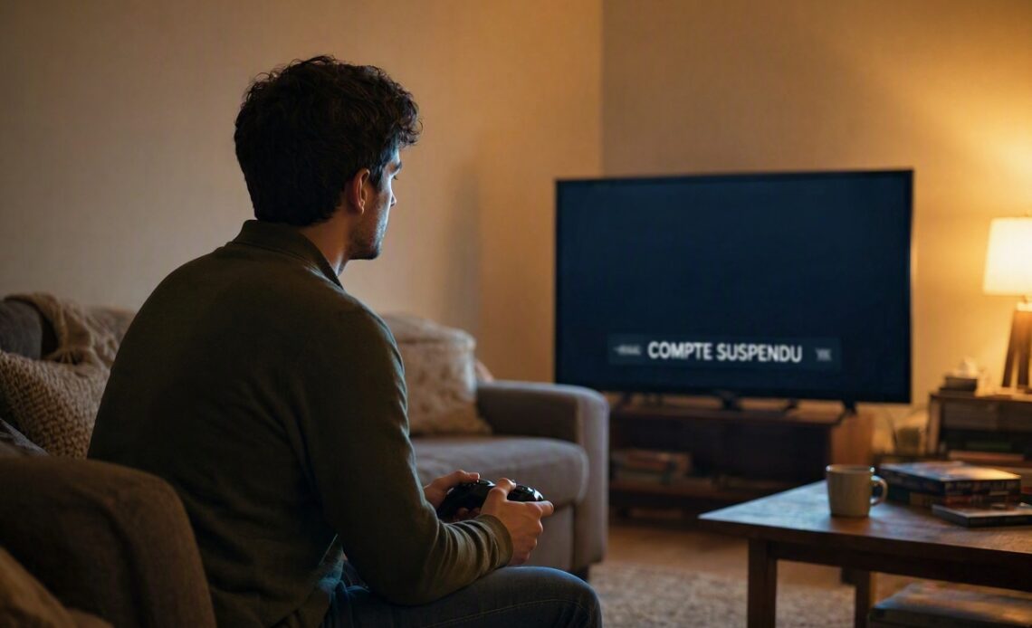 Joueur assis manette en main devant un écran affichant un message de compte PSN suspendu